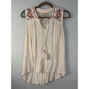 Knox‎ Rose Embroidered Lace Back Sleeveless Top Womens Small Ivory Boho Good